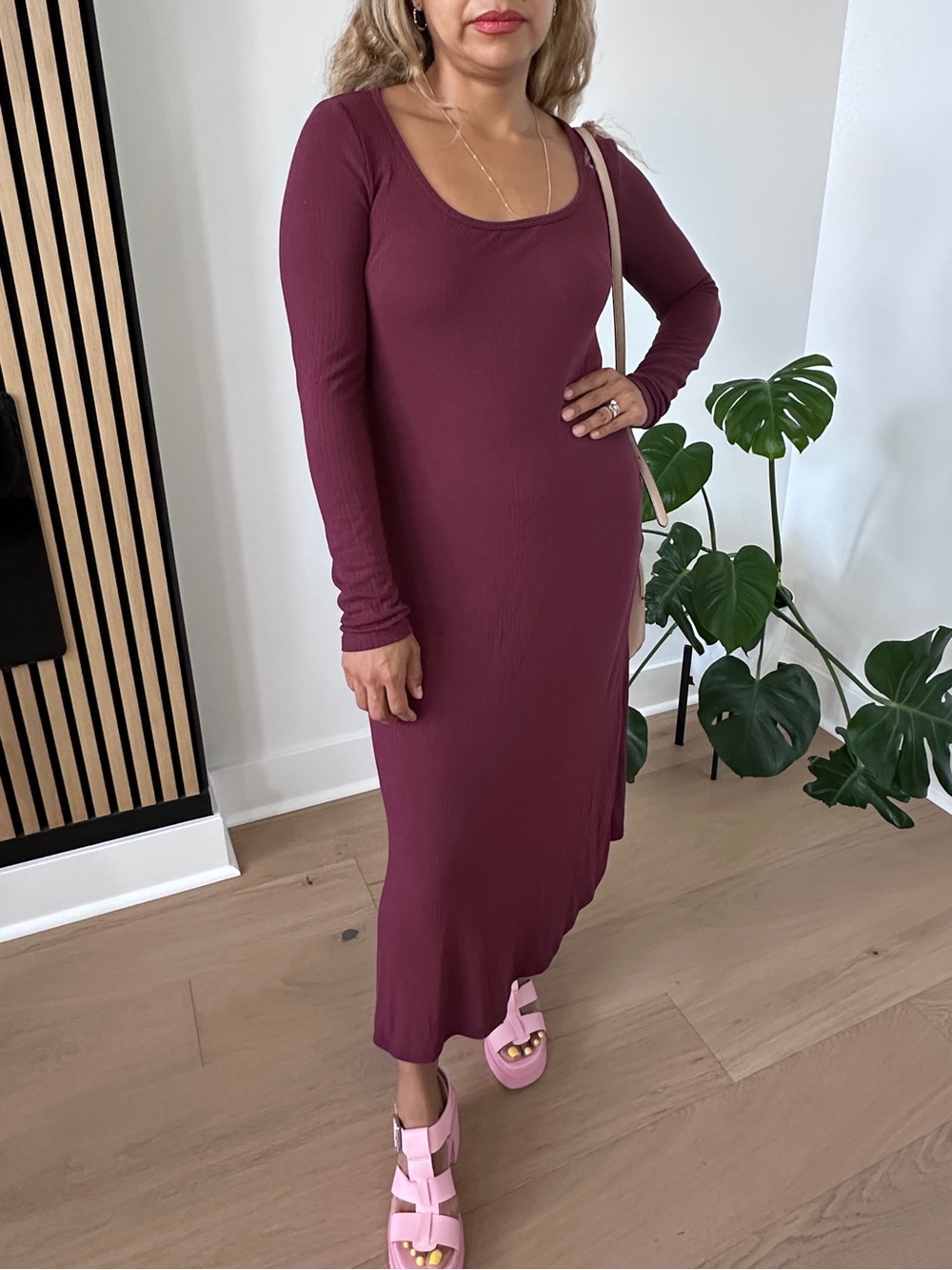 Mango Long-Sleeve Scoop Maxi Dress in Burgundy